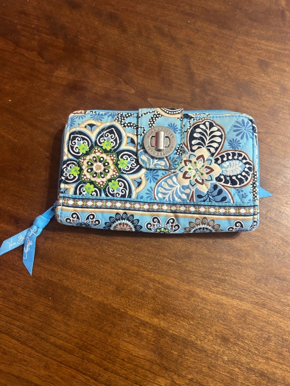 Vera Bradley Light Blue Quilted Floral Wallet with Silver Turnlock